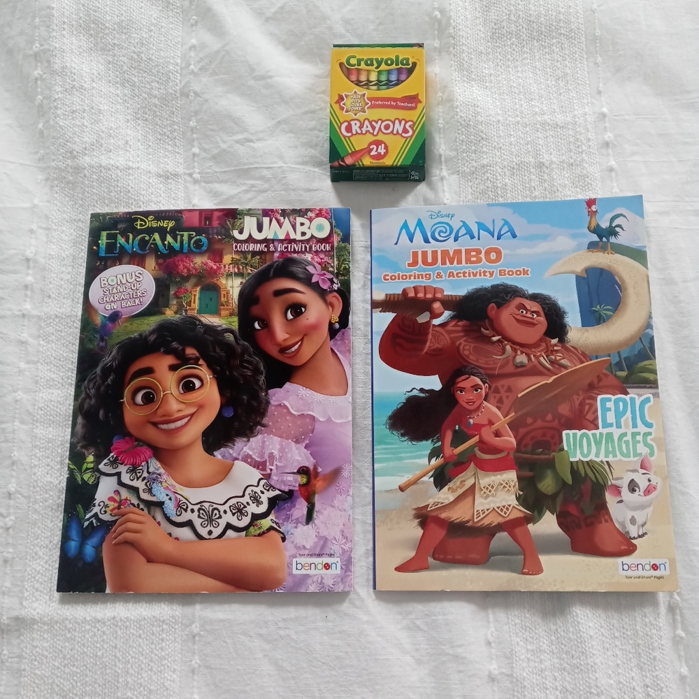 NWT Bendon JUMBO Encanto & Moana Coloring/Activity Book's & (1) Box of Crayon's